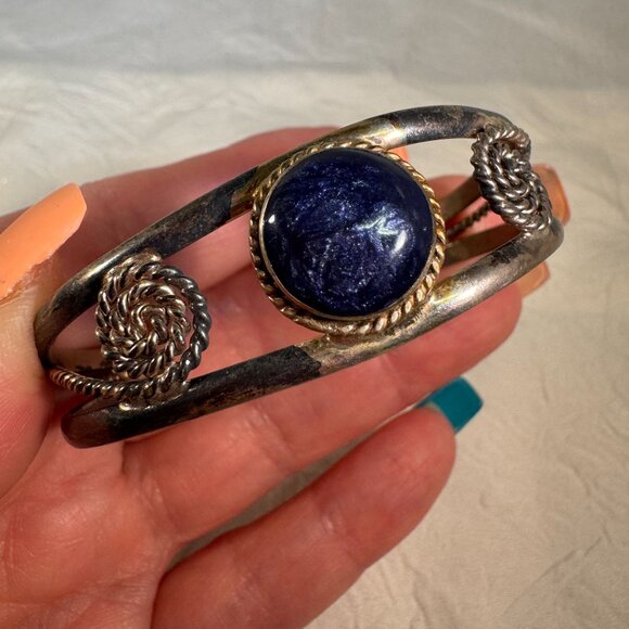 Vintage Navajo Sterling Silver & Lapis Bracelet Swirl Rope Design Cuff - Picture 1 of 9